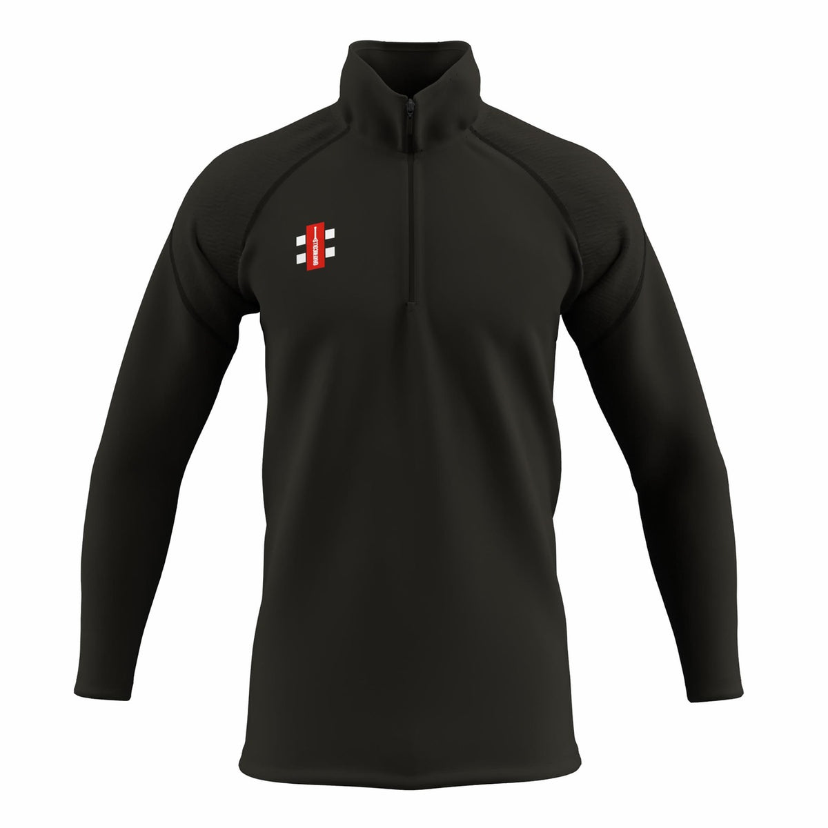 The Gray Nicolls GTS Junior 1/4 Zip Fleece is a black, slim-fit pullover with long sleeves, a quarter zip, and a small brand logo on the left chest. Its design is simple and modern with no hood or extra patterns.