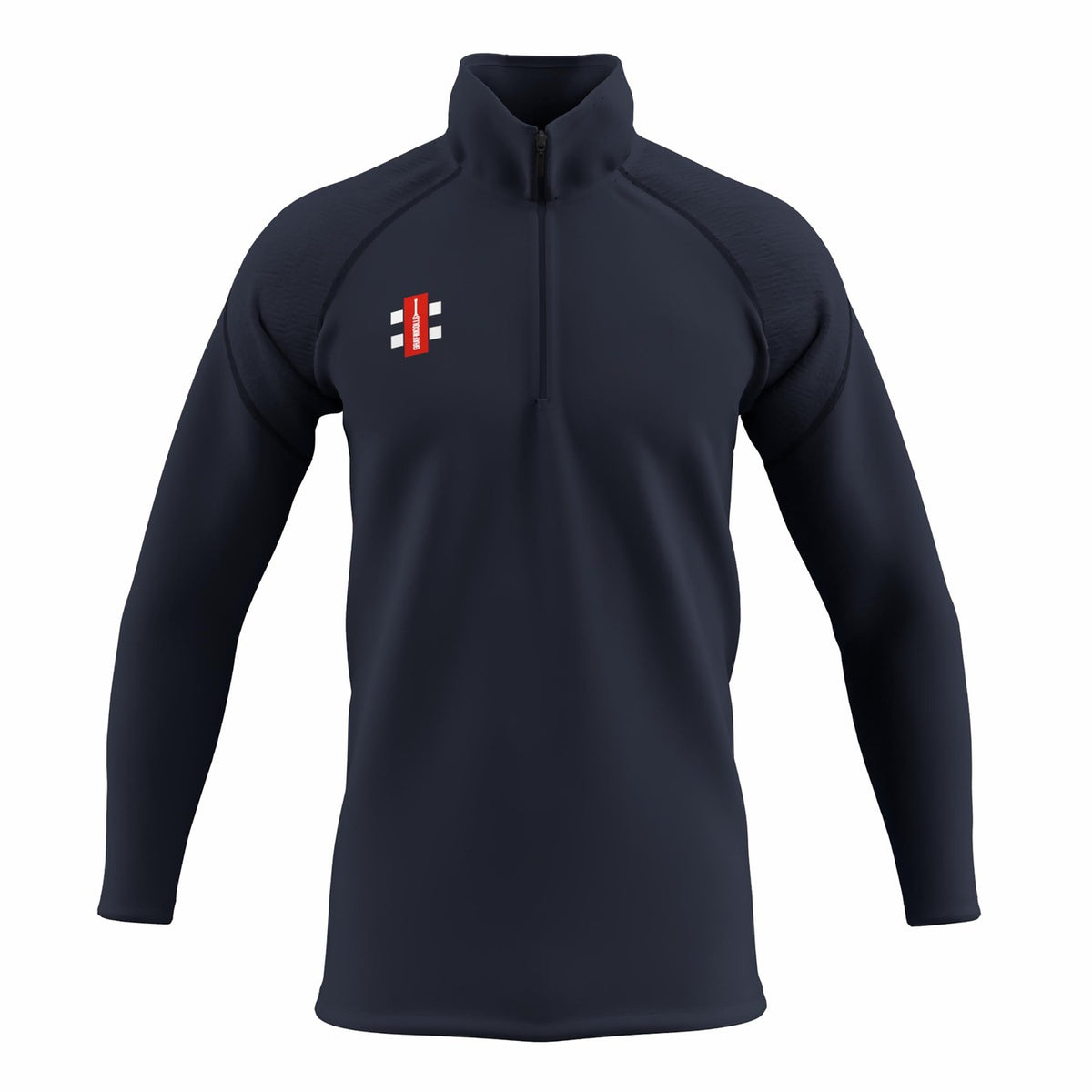 The Gray Nicolls GTS Junior 1/4 Zip Fleece is a dark navy slim fit pullover with long sleeves and a small rectangular red, white, and black logo on the left chest, shown on a plain white background.