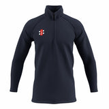 The Gray Nicolls GTS Junior 1/4 Zip Fleece is a dark navy slim fit pullover with long sleeves and a small rectangular red, white, and black logo on the left chest, shown on a plain white background.