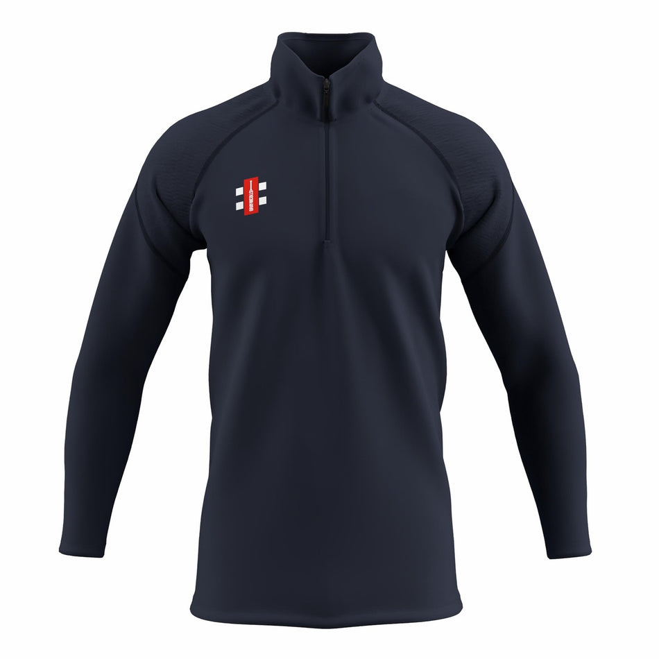 The Gray Nicolls GTS Junior 1/4 Zip Fleece is a dark navy slim fit pullover with long sleeves and a small rectangular red, white, and black logo on the left chest, shown on a plain white background.