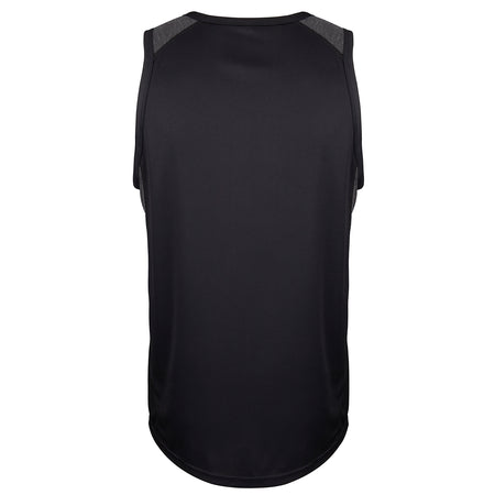 The Gray Nicolls Kingswood Village CC Pro Performance Vest is a sleeveless black cricket top with mesh shoulder panels and a rounded hem for moisture wicking, shown from the back—perfect for Kingswood Village CC players.