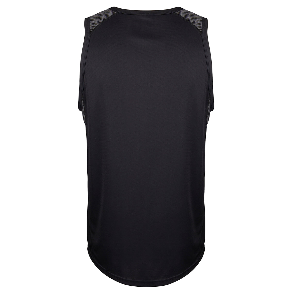The Gray Nicolls Rockhampton CC Pro Performance Vest is a black sleeveless athletic tank with mesh shoulder panels, a curved hem, smooth stretch fabric, and moisture-wicking properties shown from the back.