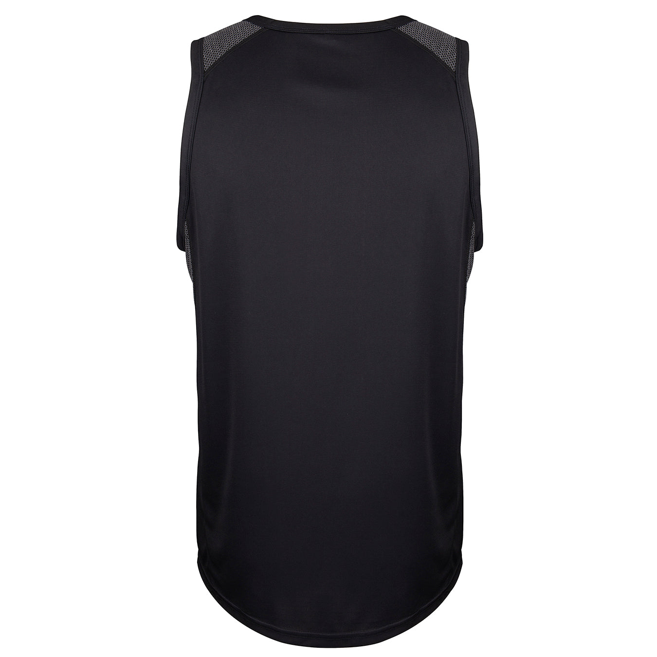 The Gray Nicolls Rockhampton CC Pro Performance Vest is a black sleeveless athletic tank with mesh shoulder panels, a curved hem, smooth stretch fabric, and moisture-wicking properties shown from the back.
