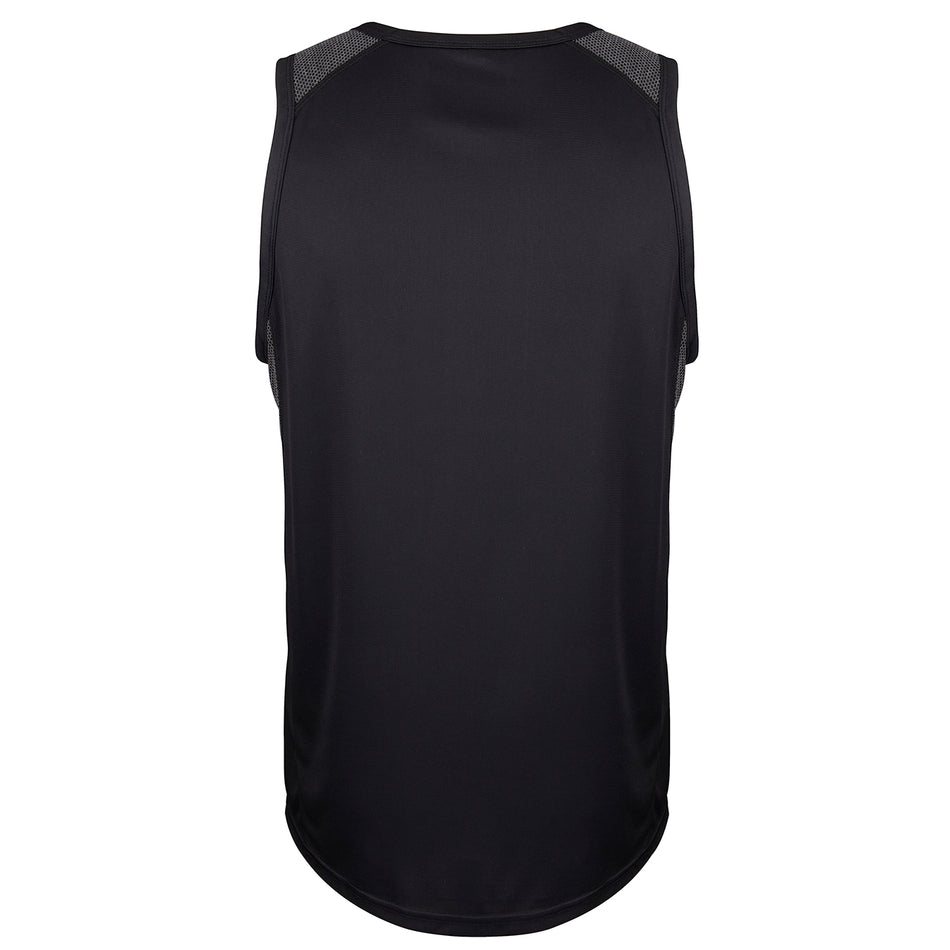 The Gray Nicolls Rockhampton CC Pro Performance Vest is a black sleeveless athletic tank with mesh shoulder panels, a curved hem, smooth stretch fabric, and moisture-wicking properties shown from the back.