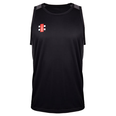 The Kingswood Village CC Pro Performance Vest by Gray Nicolls is a sleeveless black cricket tank with mesh shoulder panels for moisture wicking and a small red and white geometric logo on the left chest, shown on a white background.