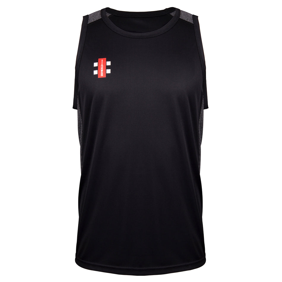 The Gray Nicolls Rockhampton CC Pro Performance Vest is a sleeveless black stretch fit tank top with mesh shoulder panels and a small red and white geometric logo on the upper left chest, offering moisture-wicking comfort.