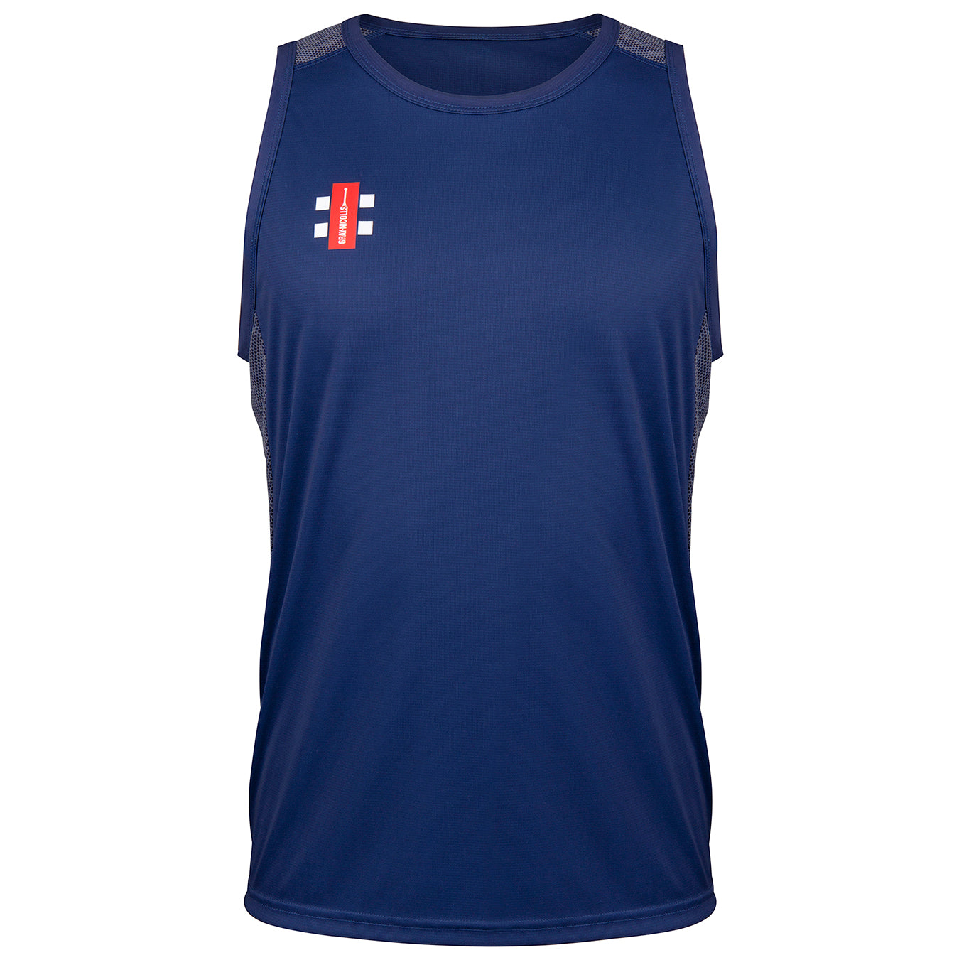The Gray Nicolls Pro Performance Vest is a navy sleeveless training top with mesh side panels and a small white and red logo on the left chest, shown against a white background.