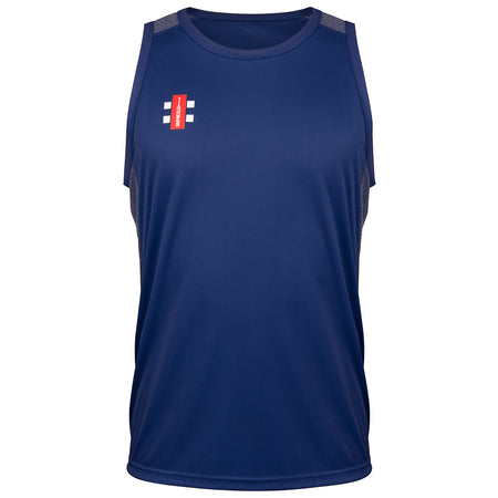 The Gray Nicolls Pro Performance Vest is a navy sleeveless training top with mesh side panels and a small white and red logo on the left chest, shown against a white background.