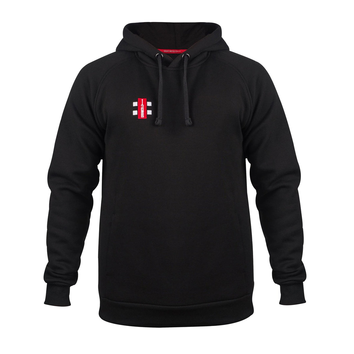 The Gray Nicolls Velocity Hoodie is a black sustainable hoodie with a front pocket, drawstring hood, and a small red and white rectangular logo on the left chest, shown on a plain white background.
