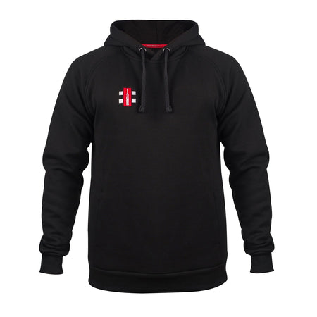 The Gray Nicolls Velocity Hoodie is a black sustainable hoodie with a front pocket, drawstring hood, and a small red and white rectangular logo on the left chest, shown on a plain white background.