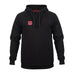 The Gray Nicolls Velocity Hoodie is a black sustainable hoodie with a front pocket, drawstring hood, and a small red and white rectangular logo on the left chest, shown on a plain white background.
