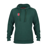 The Gray Nicolls Velocity Hoodie is a green organic cotton hoodie featuring a front pouch pocket, drawstrings, and a small red and white logo on the left chest. The Gray Nicolls hoodie is displayed against a plain white background.
