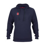The Gray Nicolls Velocity Hoodie by Gray Nicolls is a navy organic cotton hoodie with a front pouch pocket, drawstring hood, and a small red and white logo on the left chest, shown against a plain white background.