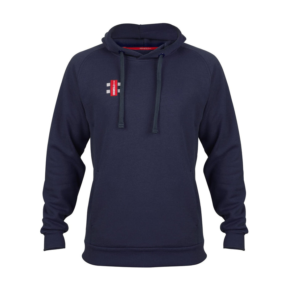 The Gray Nicolls Velocity Hoodie by Gray Nicolls is a navy organic cotton hoodie with a front pouch pocket, drawstring hood, and a small red and white logo on the left chest, shown against a plain white background.