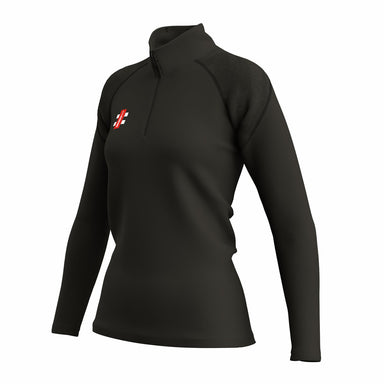 The Gray Nicolls GTS Womens 1/4 Zip Fleece is a black slim-fit athletic long-sleeve top with a quarter-zip neckline and a small red and white logo on the left chest, shown on a plain white background.