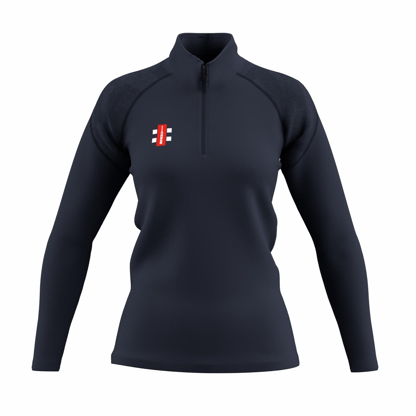 The Gray Nicolls GTS Womens 1/4 Zip Fleece is a dark navy, long-sleeve stretch performance pullover featuring a fitted shape, quarter-zip collar, and a small red, white, and black logo on the left chest for an athletic look.
