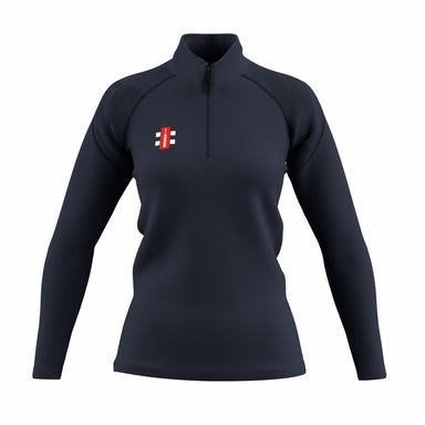 The Gray Nicolls GTS Womens 1/4 Zip Fleece is a dark navy, long-sleeve stretch performance pullover featuring a fitted shape, quarter-zip collar, and a small red, white, and black logo on the left chest for an athletic look.