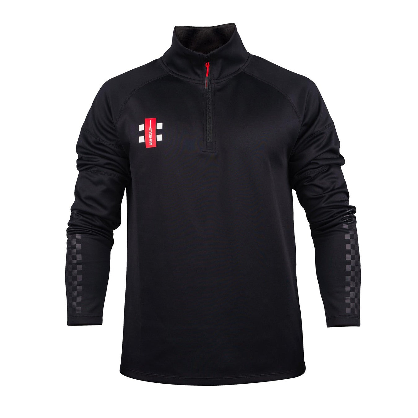 The Gray Nicolls St Philips North CC Pro Thermo Fleece is a black long-sleeve 1/4 zip pullover with a red zipper, club badge on the left chest, gray checkered forearms, and cozy thermo fleece for warmth.