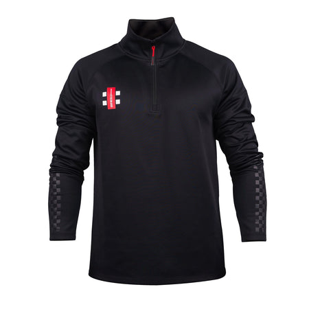 The Gray Nicolls St Philips North CC Pro Thermo Fleece is a black long-sleeve 1/4 zip pullover with a red zipper, club badge on the left chest, gray checkered forearms, and cozy thermo fleece for warmth.