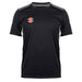 The Gray Nicolls Pro Performance T-Shirt is a black athletic tee with gray shoulder accents and a small vertical red and white geometric logo on the left chest, shown here against a plain white background.