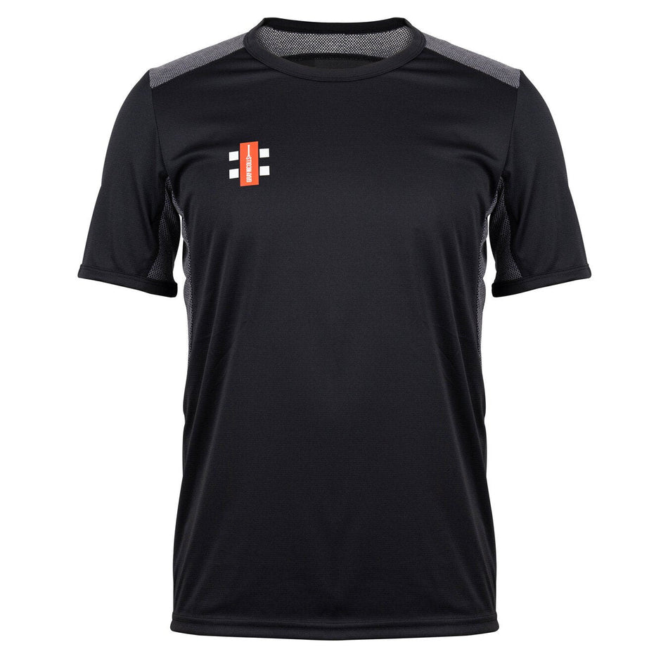 The Gray Nicolls Cam CC Pro Performance T-Shirt is a plain black, lightweight athletic shirt with gray shoulder accents and a small red and white logo on the left chest, shown on a white background.