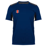 The Gray Nicolls Pro Performance T-Shirt is a navy athletic tee with black side panels, a red, white, and black logo on the left chest, a crew neck, and a fitted design for comfort during training.