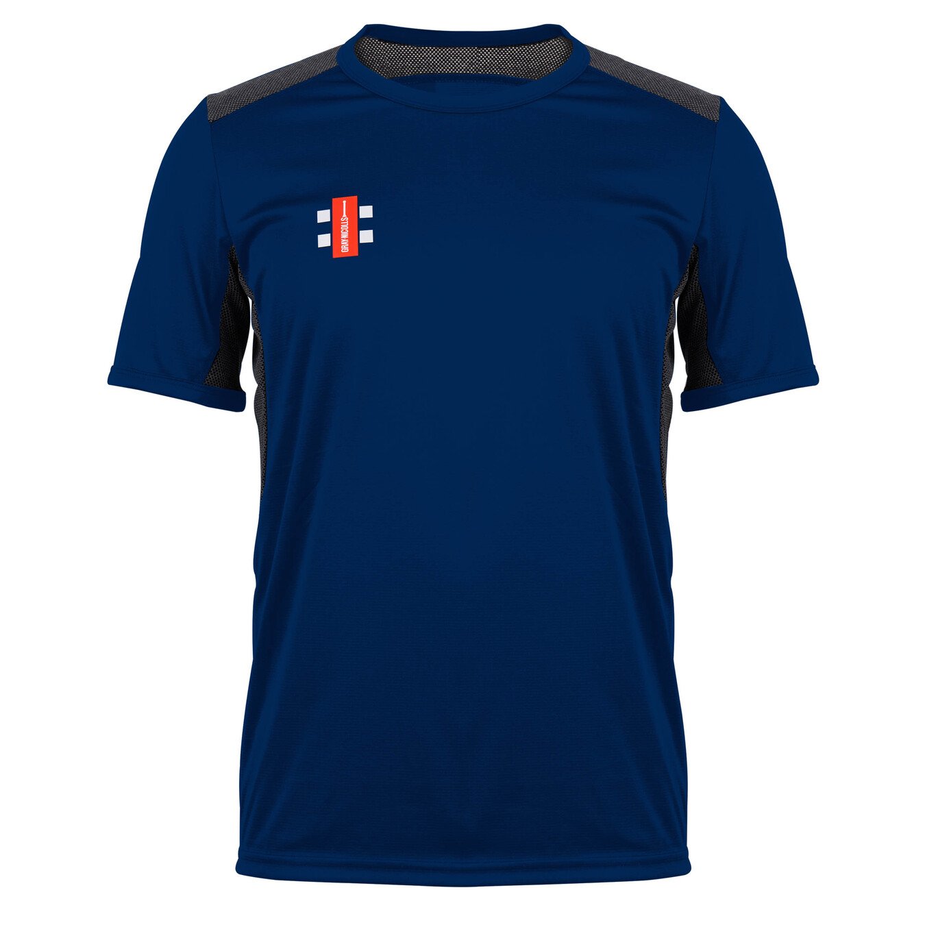 The Gray Nicolls Pro Performance T-Shirt is a navy athletic tee with black side panels, a red, white, and black logo on the left chest, a crew neck, and a fitted design for comfort during training.
