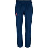 Gray Nicolls Velocity Track Trousers by Gray Nicolls in navy, featuring an athletic fit, elastic waistband, and a small red and white logo on the upper left thigh.