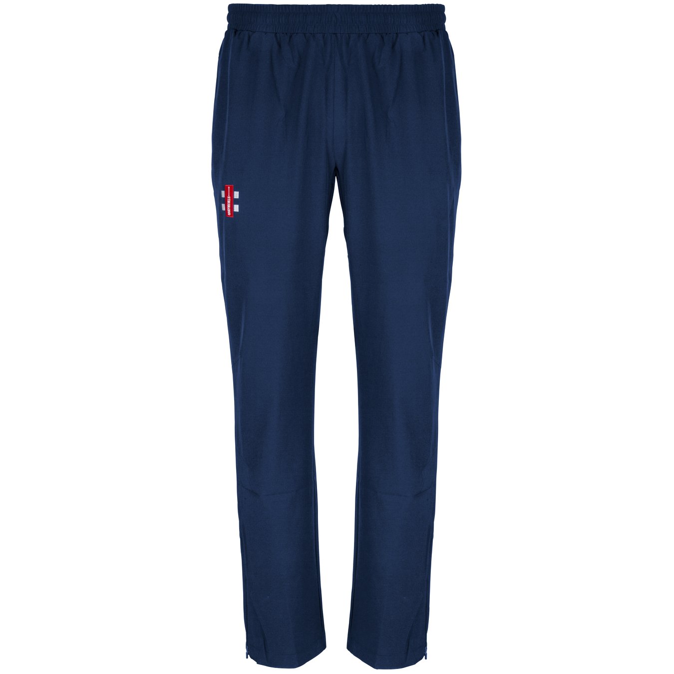 Gray Nicolls Velocity Track Trousers by Gray Nicolls in navy, featuring an athletic fit, elastic waistband, and a small red and white logo on the upper left thigh.