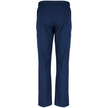 Back view of Gray Nicolls Quedgeley & Hardwicke CC Velocity Track Trousers in plain navy blue with an elastic waistband, ideal as cricket training trousers, displayed on a white background.