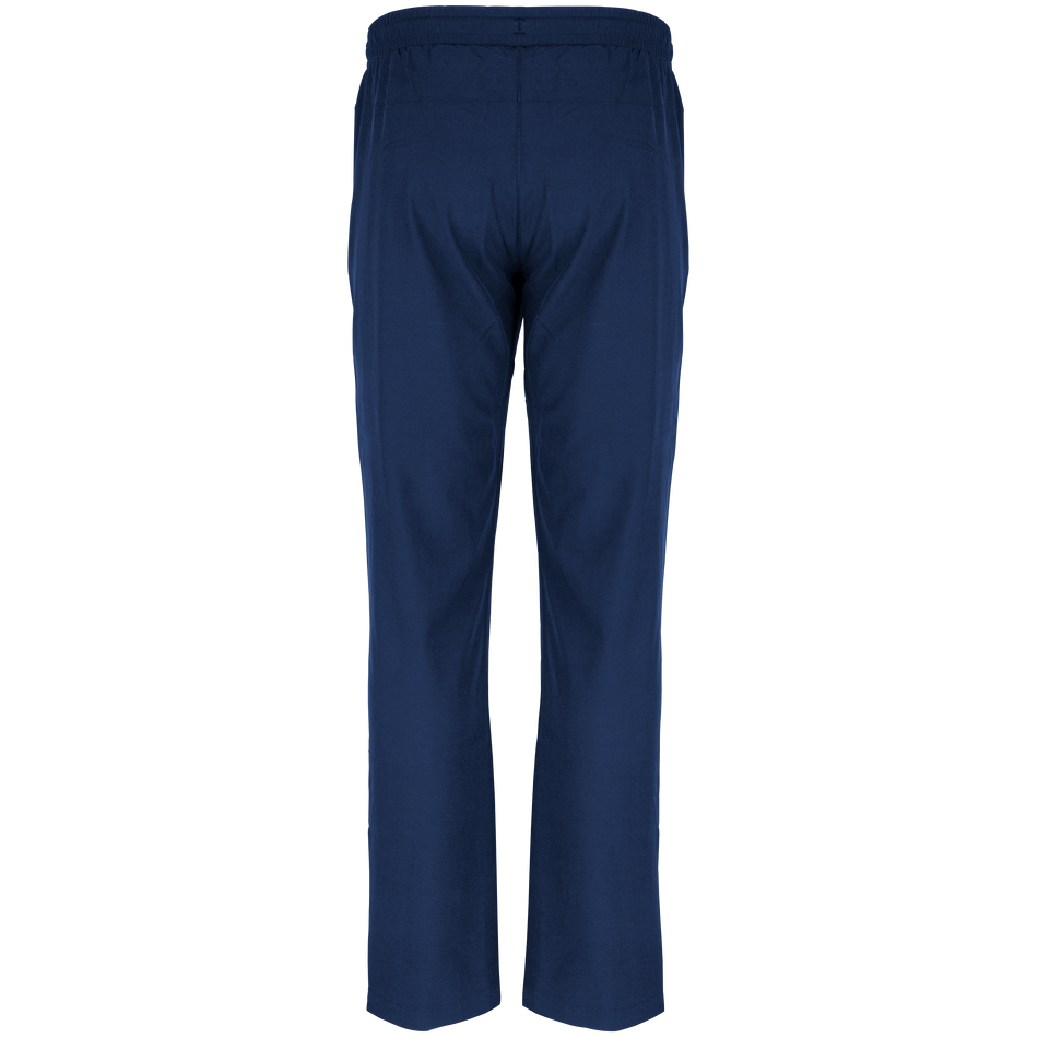 Back view of Gray Nicolls Quedgeley & Hardwicke CC Velocity Track Trousers in plain navy blue with an elastic waistband, ideal as cricket training trousers, displayed on a white background.