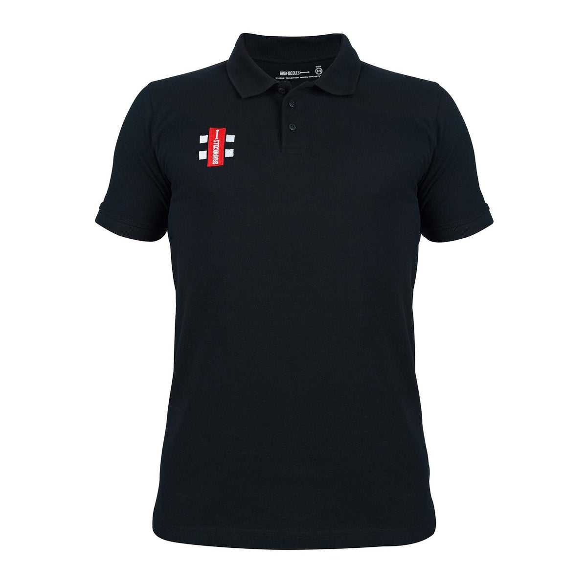 The Gray Nicolls Velocity Polo Shirt is a black polo with short sleeves, a collar, buttons, and a small red and white rectangular logo on the left chest.