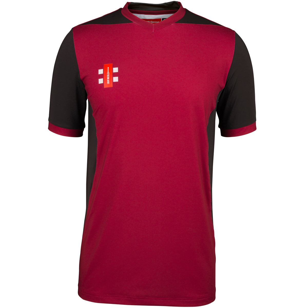 The Gray Nicolls Bushley CC Ladies T20 Match Shirt Short Sleeve features a maroon front, black sleeves and sides, maroon collar and cuffs, plus a white and orange chest logo. Made from moisture-wicking sportswear for comfort.