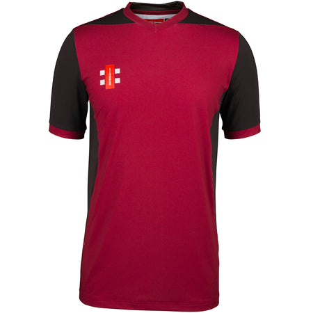 The Gray Nicolls Bushley CC Ladies T20 Match Shirt Short Sleeve features a maroon front, black sleeves and sides, maroon collar and cuffs, plus a white and orange chest logo. Made from moisture-wicking sportswear for comfort.
