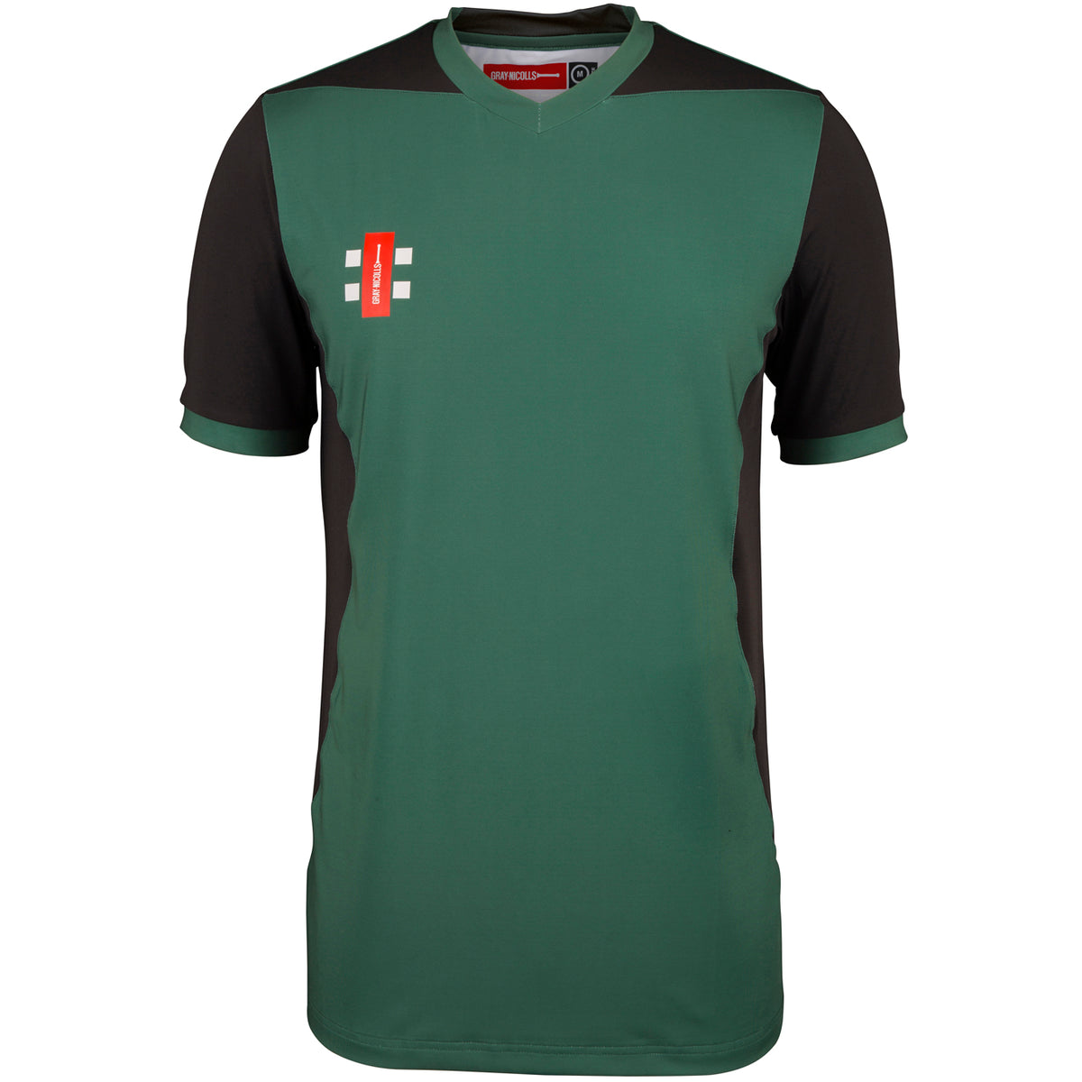 The Gray Nicolls Bartestree & Lugwardine CC T20 Short Sleeve Shirt features green and black panels, a red and white vertical logo with two horizontal lines on the left chest, black shoulders and sides, and moisture-wicking fabric for comfort.