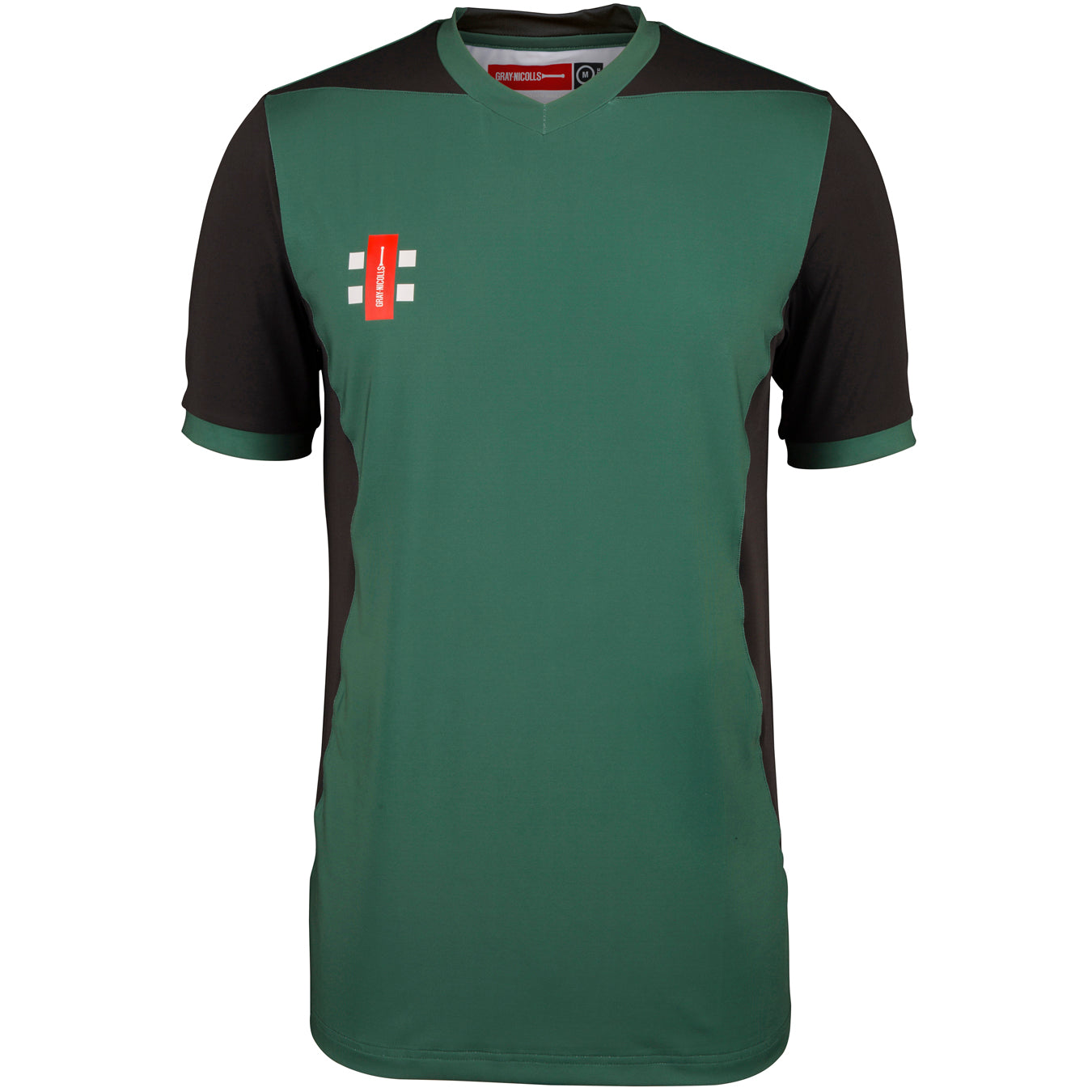 The Gray Nicolls Bartestree & Lugwardine CC T20 Short Sleeve Shirt features green and black panels, a red and white vertical logo with two horizontal lines on the left chest, black shoulders and sides, and moisture-wicking fabric for comfort.