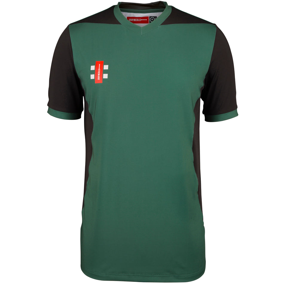 The Gray Nicolls Bartestree & Lugwardine CC T20 Short Sleeve Shirt features green and black panels, a red and white vertical logo with two horizontal lines on the left chest, black shoulders and sides, and moisture-wicking fabric for comfort.
