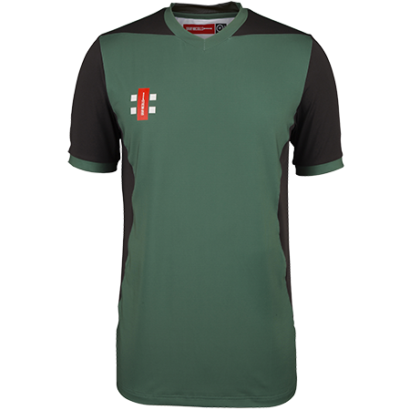 Gray Nicolls T20 Match Shirts 12 Pack with Logo: green and black short-sleeve high performance cricket shirts, each featuring a red and white club logo on the left chest and black side panels, by Gray Nicolls.
