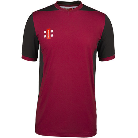 The Gray Nicolls T20 Match Shirts 12 Pack with Logo features high performance maroon cricket shirts with black short sleeves, side panels, round necks, club logo on the left chest, and matching maroon trim on the cuffs.