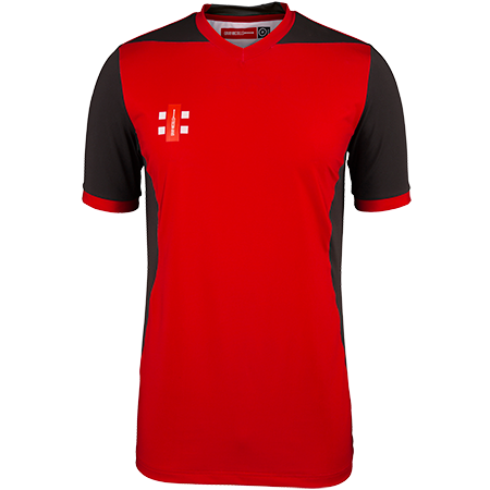 The Gray Nicolls T20 Match Shirts 12 Pack with Logo features high-performance, short-sleeved shirts with a red front, black sleeves and sides, a subtle red collar, and a white geometric logo on the left chest.