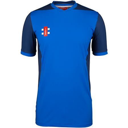 A pack of 12 Gray Nicolls T20 Match Shirts with short sleeves, blue body, navy shoulders and sides, and a small red and white club logo on the upper right chest.