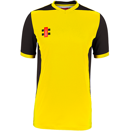 The Gray Nicolls T20 Match Shirts 12 Pack with Logo features yellow and black, short sleeves, yellow cuffs, black side panels and sleeves, a yellow collar, and a small red, black & yellow club logo on the left chest.