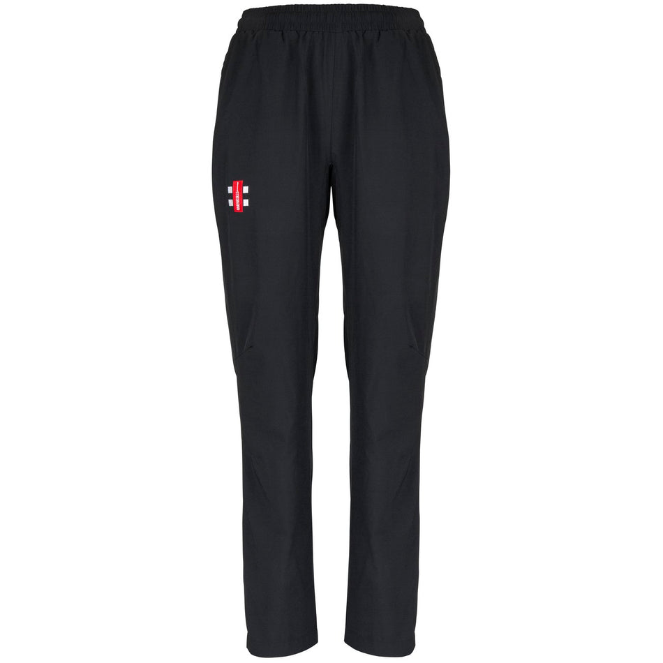 Gray Nicolls Bushley CC Ladies Velocity Track Trousers feature an elastic waistband and a small red and white Bushley CC logo on the upper left thigh, shown against a plain white background.