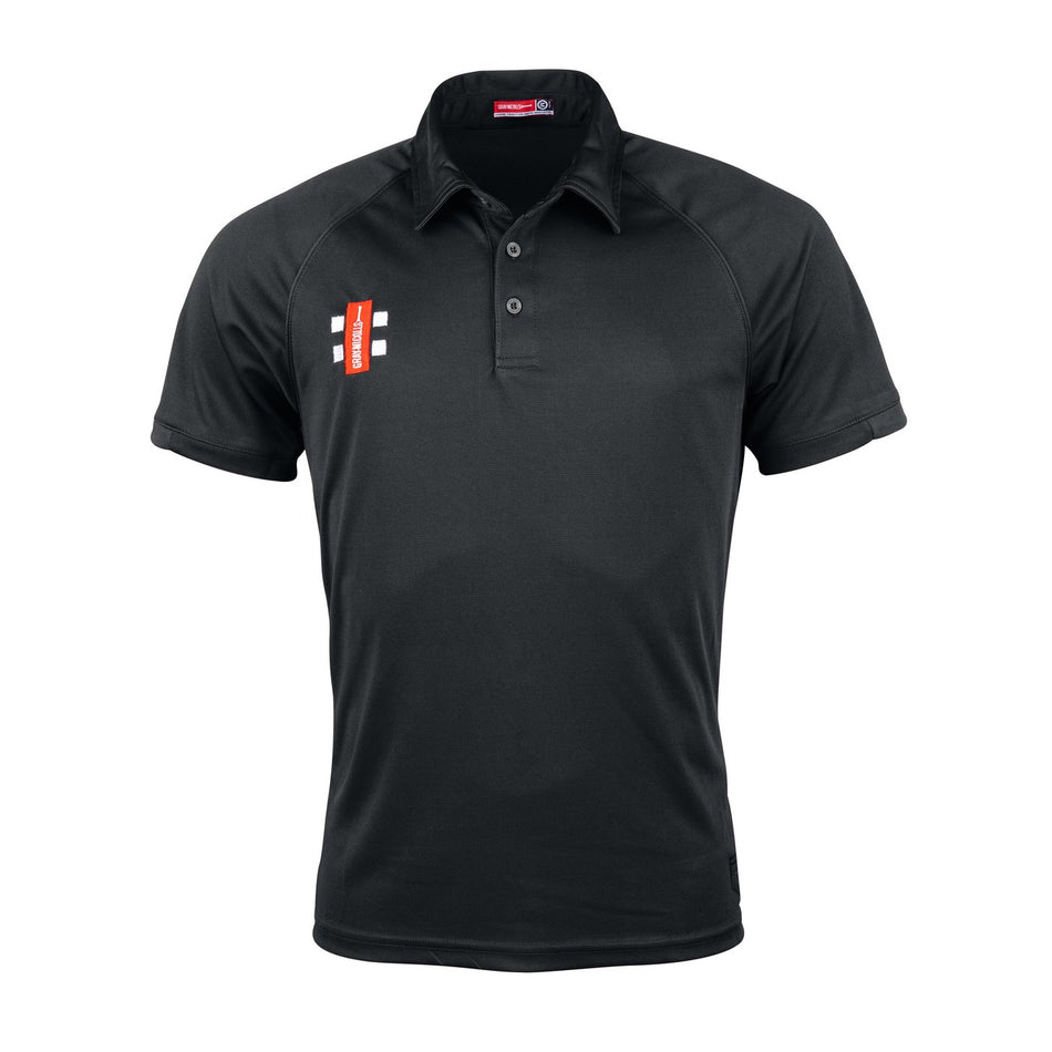 The Gray Nicolls Hawkesbury Upton CC Matrix V2 Polo Shirt is a black, short-sleeve polo with a collar and three buttons, featuring a small red and white rectangular logo on the left chest. Designed for active training with moisture management.