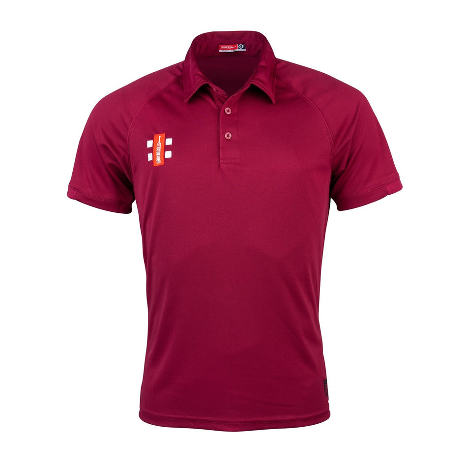The Gray Nicolls Hatherley & Reddings CC Junior Matrix V2 Polo Shirt is a maroon collared polo with buttons and a small white and orange logo—ideal as a moisture-wicking top for cricket training.