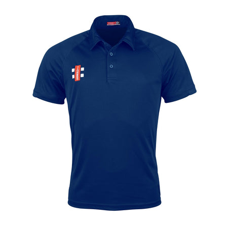 The Gray Nicolls Cheltenham Civil Service CC Matrix V2 Polo Shirt is navy blue with a small white and red rectangular logo on the left chest, buttoned collar, simple design, and top moisture management for intense training.
