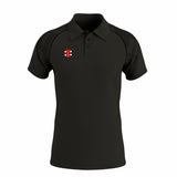 The Gray Nicolls GTS Mens Polo Shirt is a black short-sleeve performance polo featuring a small red, white, and black rectangular logo on the left chest and textured shoulders, made from moisture-wicking 4-way stretch fabric for comfort.