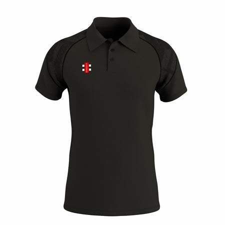 The Gray Nicolls GTS Mens Polo Shirt is a black short-sleeve performance polo featuring a small red, white, and black rectangular logo on the left chest and textured shoulders, made from moisture-wicking 4-way stretch fabric for comfort.