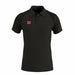 The Gray Nicolls GTS Mens Polo Shirt is a black short-sleeve performance polo featuring a small red, white, and black rectangular logo on the left chest and textured shoulders, made from moisture-wicking 4-way stretch fabric for comfort.
