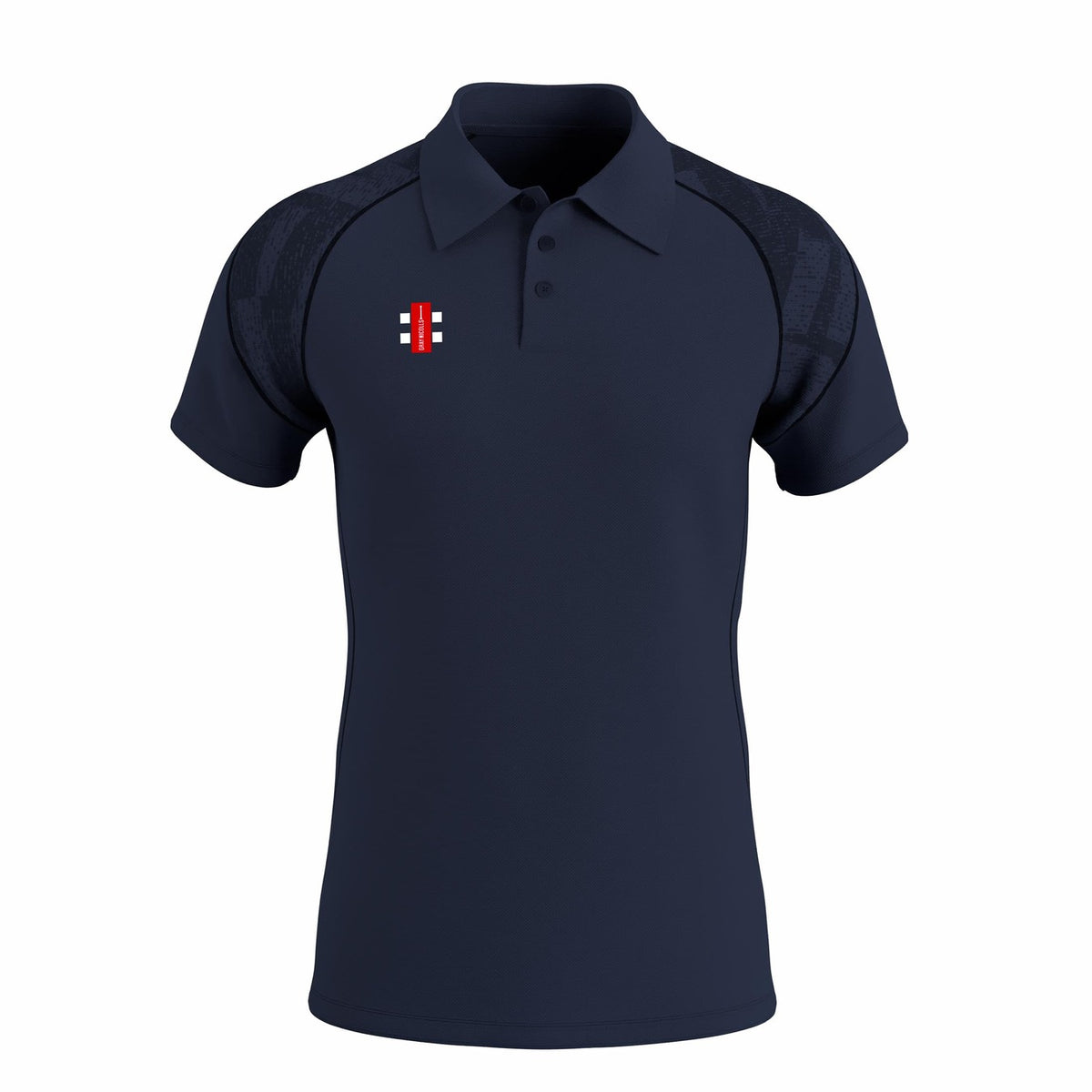 The Gray Nicolls GTS Mens Polo Shirt in Dark Navy features black patterned shoulders, 4-way stretch fabric, three buttons, a collar, moisture-wicking properties, and a small red, white, and black rectangular logo on the left chest.